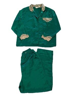 VTG Victoria’s Secret Gold Label Satin Pajamas Set Emerald Green Lace Small